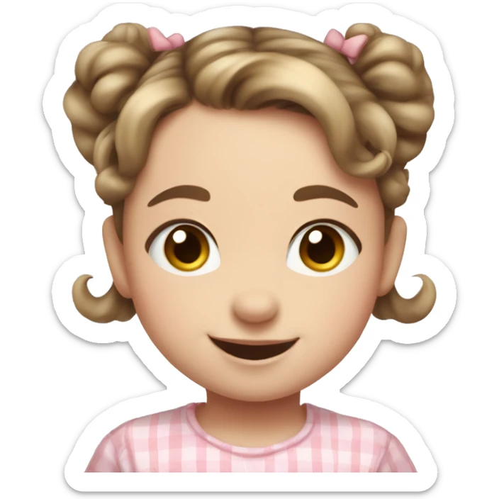 A toddler girl with 2 tiny pig tails on top of her hair with tiny bows, fair skin, blue eyes, brown hair, smiling, wearing a pastel shirt sticker