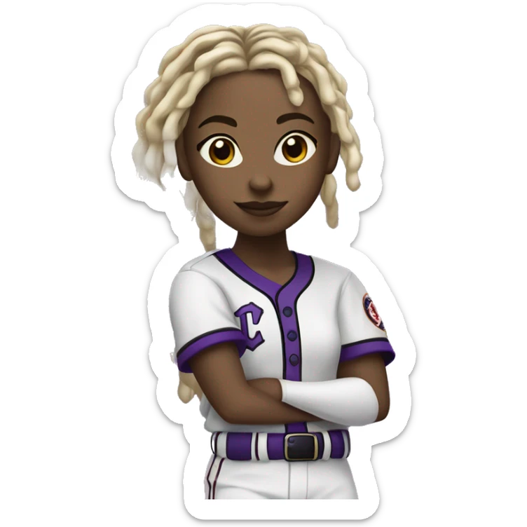baseball card character. black girl. blonde locs. letter C logo. Purple and white uniform.  sticker
