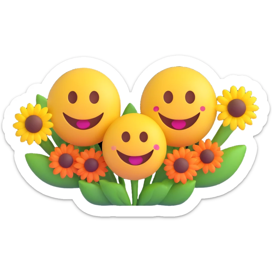 3D smiley emoji, round shape, in love: loving smiley couple giving flowers to each other sticker