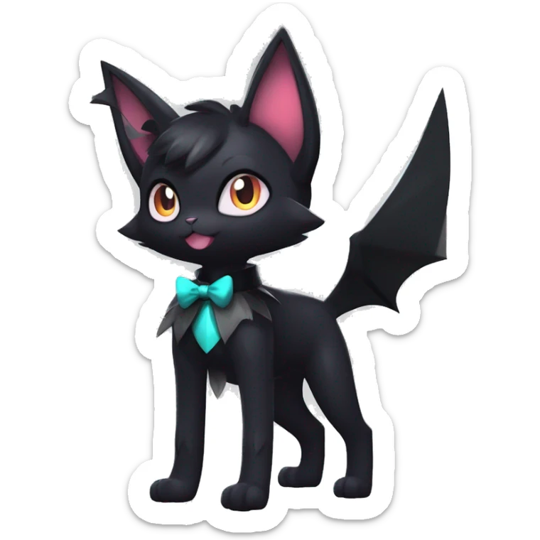 Shiny Dark Cool Edgy Black beautiful ethereal fantasy Kawaii Sona Umbreon-Noibat-Litten-Fakemon-cat-animal with edgy bat-ears bow tie black mane vtuber model Full Body sticker
