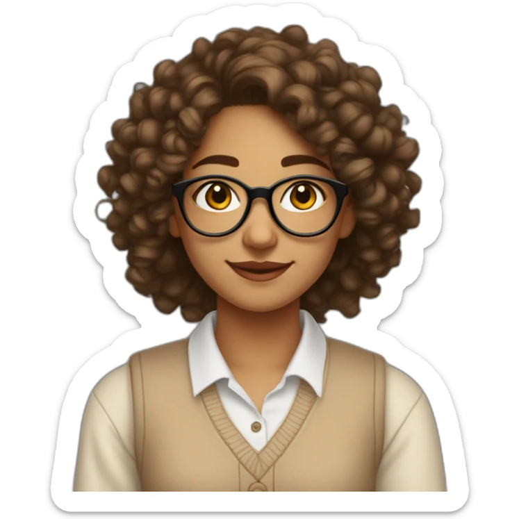smiling indian teenage girl with curly hair and glasses wearing a collared long sleeve white shirt under a beige v shaped collar sweatervest with no buttons sticker