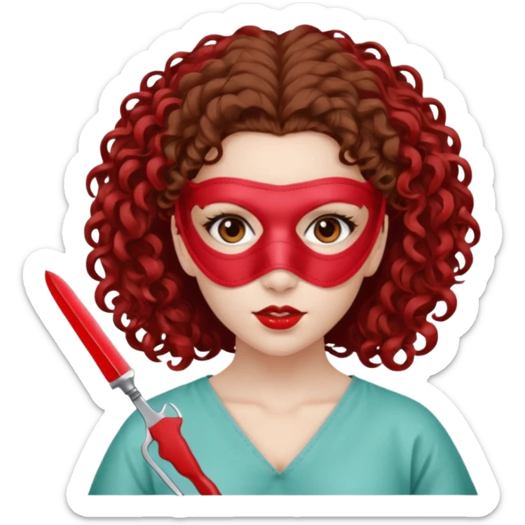 Lilith symbol seductress evil surgeon. Hair curly, and brown. Long curly brown hair. Red surgical mask and hair covering. She works for cartel and kills  with a scalpel. sticker