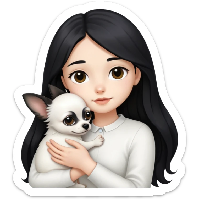 A girl with fair skin, long black hair, white clothes, gently, with her head tilted, holding a black Chihuahua tightly in her hands sticker