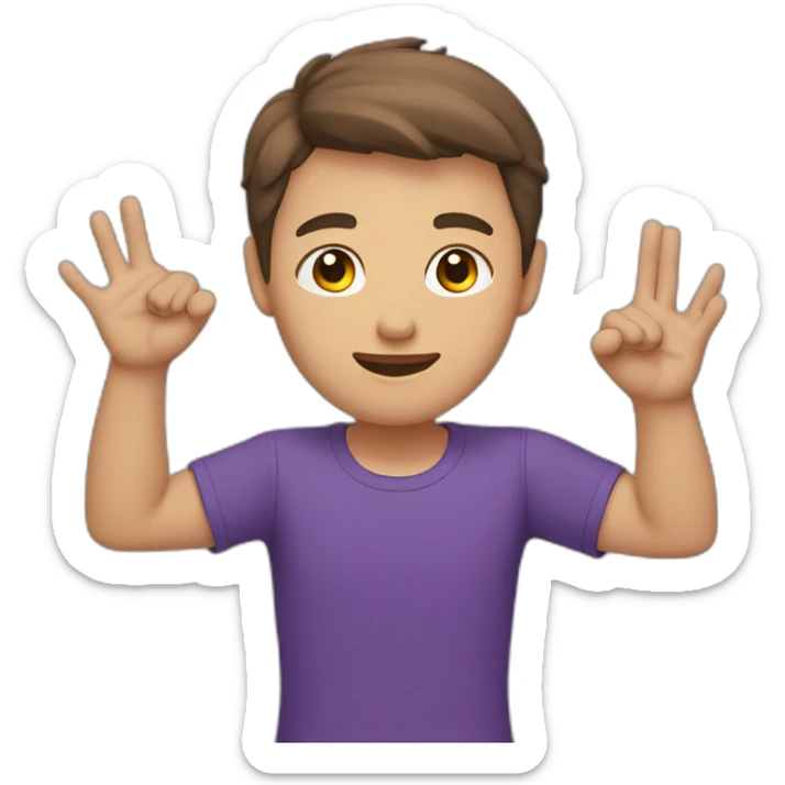 young man raising his hand, brown short hair, purple t-shirt, white skin, head large sticker