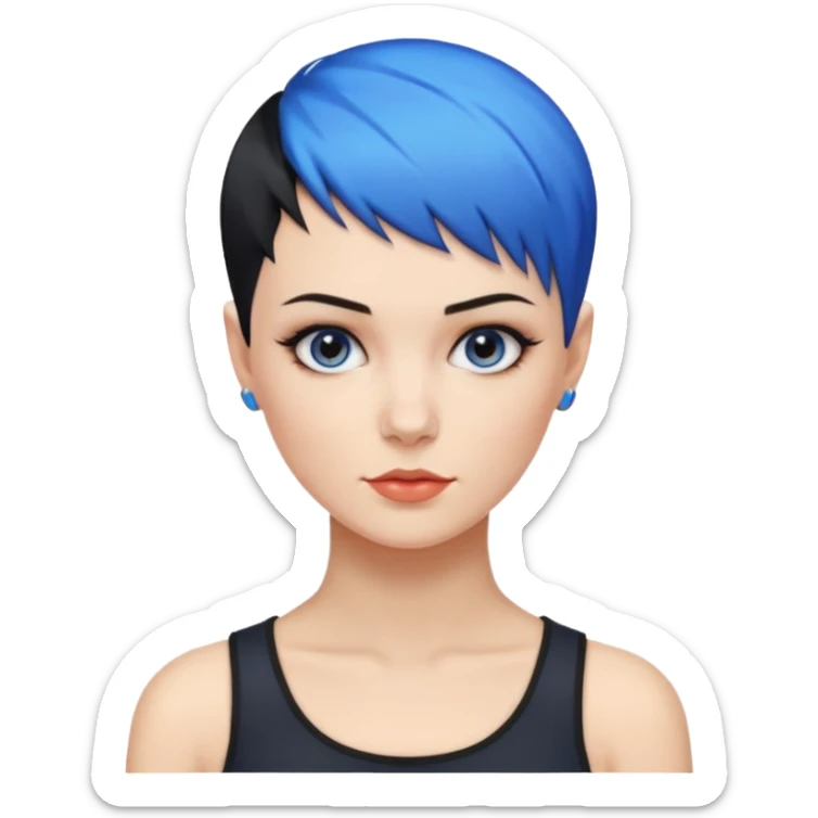 frau, kein kind freche extreme schwarze Kurzhaarfrisur eine Seite wirklich fast keine Haare andere Seite mit blauer Strähne kurze Seite noch viel kürzer sticker