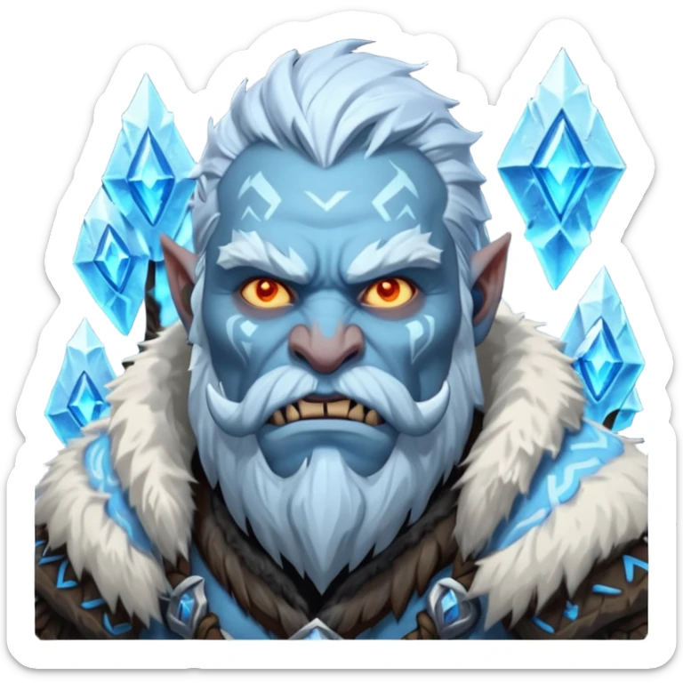 Legendary fantasy orc Christmas portrait icon, Frostfather and Snow Maiden inspired, primal winter god style, massive icy beard, glowing blue eyes, heavy fur coat, tribal frost runes, powerful brutal presence, blizzard atmosphere, clean stylized emoji icon, male/female variant
 sticker