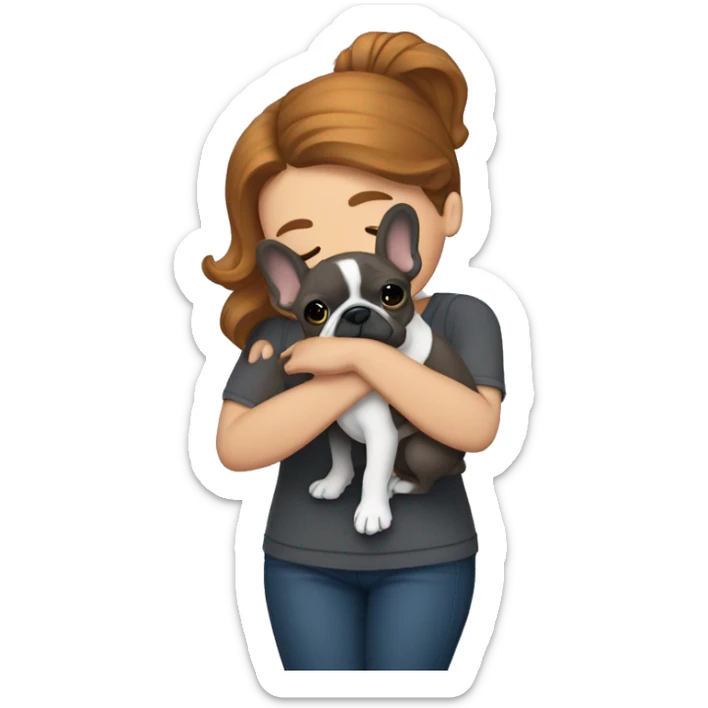 caramel hair woman hugging dark gray french bulldog sticker