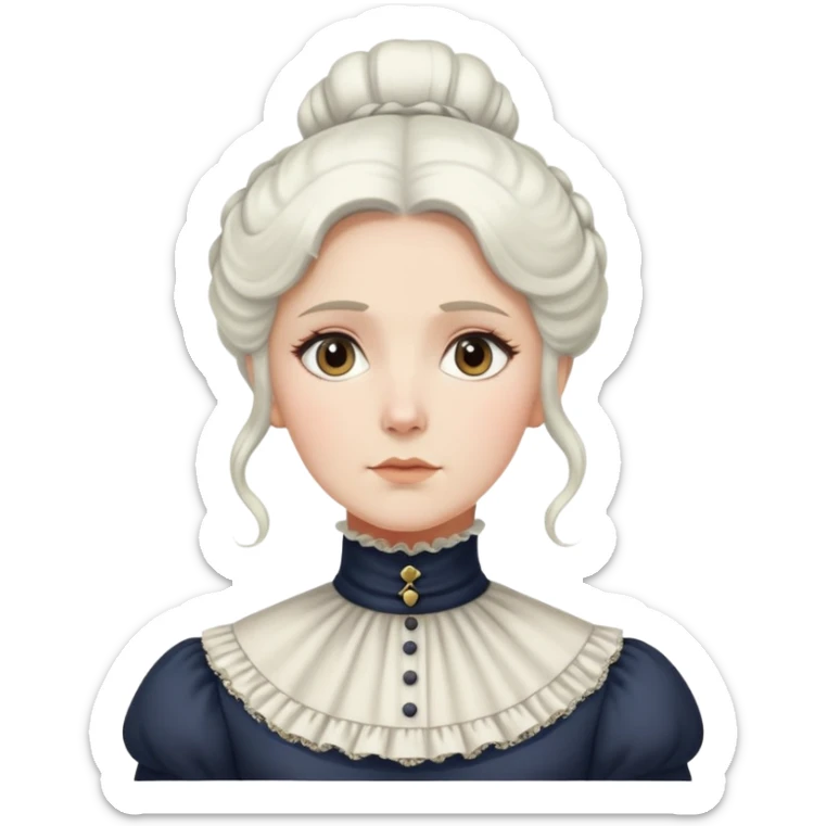 Victorian woman with white coiffed hair, modest turtleneck Victorian dress, and an awestruck expression sticker