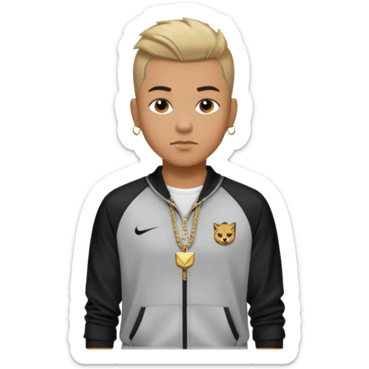 Capelli rasati ai lati con sfumatura, sopra corti e fissati con gel. Look curato e deciso. Indossa tuta firmata (Nike, Adidas, Lacoste, EA7) o jeans skinny, scarpe vistose come Air Force 1. Sempre presenti borsello a tracolla e collana d’oro E tatuaggi d’appertutto a mezzo busto sticker