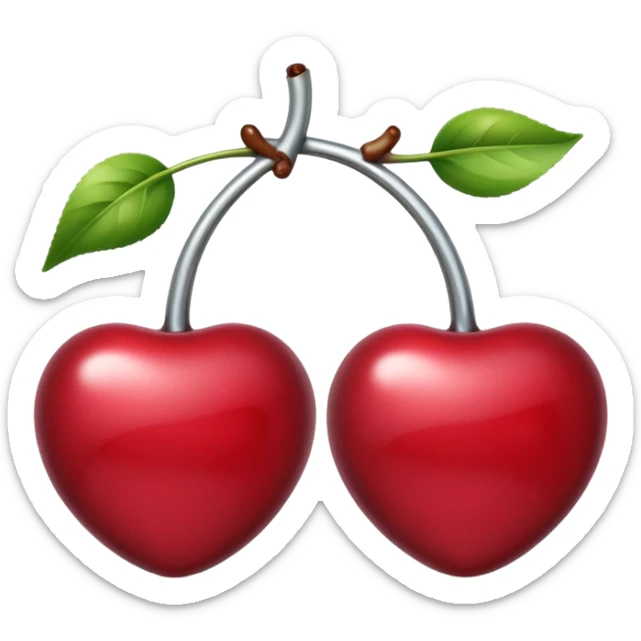 A pair of cherries emoji made of polished silver chrome, smooth rounded shapes, glossy metallic finish, soft highlights and reflections, cute proportions, iOS emoji style, centered, clean white background, no text sticker