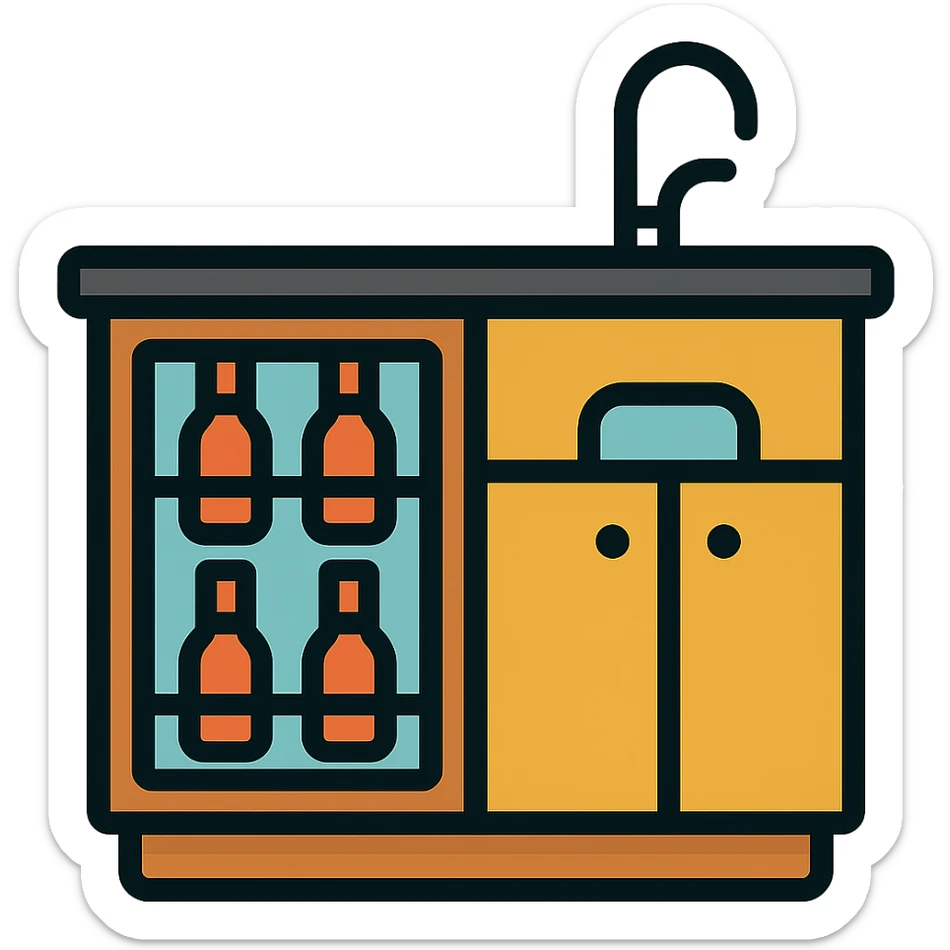 Wet bar with wine fridge and sink, wood cabinets, color outline icon style, transparent background sticker
