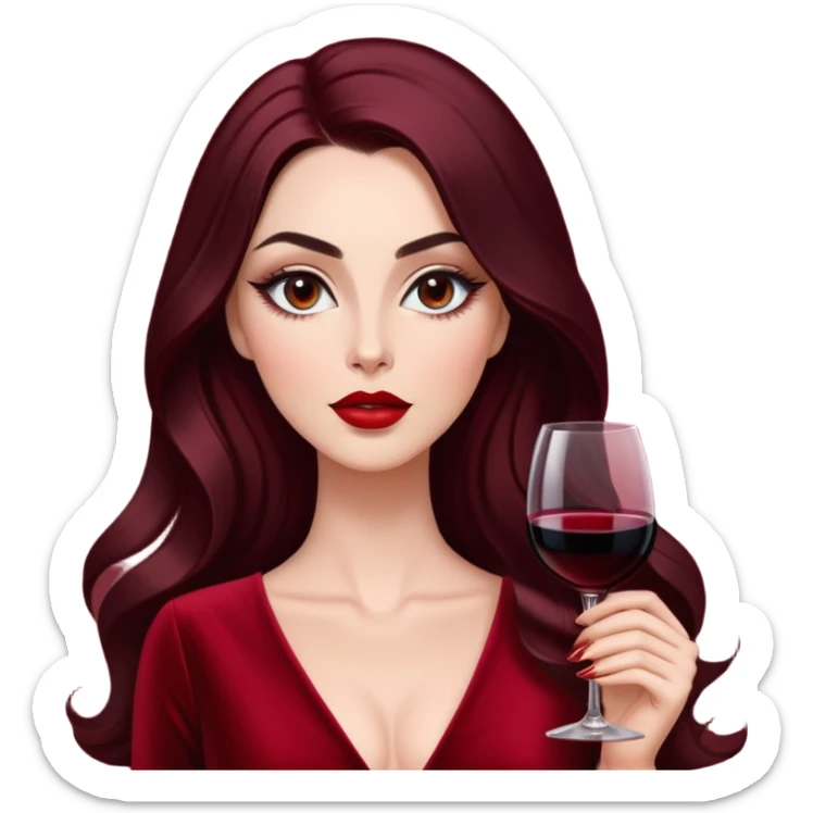 Glamorous woman with radiant fair skin, elongated face, large dark almond eyes with dramatic eyeliner, thick defined eyebrows, full red lips, long dark straight hair with soft waves at ends, wearing wine red velvet V-neck dress, confident expression sticker