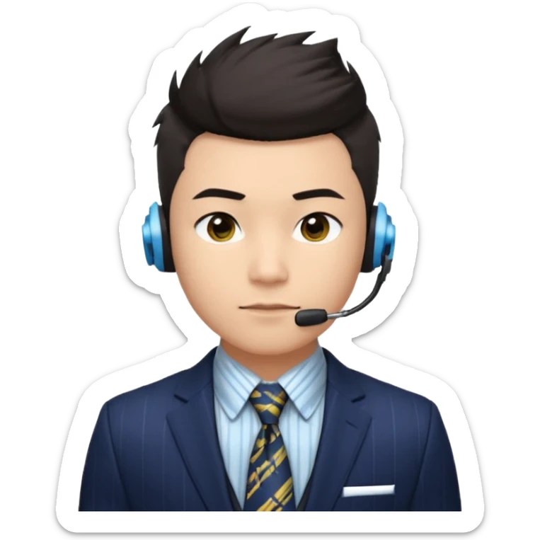 A young Asian man with light skin, short dark hair styled upward with a spiked swoop in front, a clean-shaven face, focused eyes, and a slim headset over one ear, wearing a dark pinstripe suit with a patterned dress shirt and a bright solid-colored tie visible from the chest up. sticker