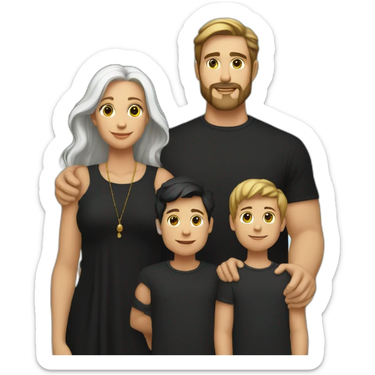 Daddy with white skin wear black shirt and his wife with same skin tone wear black long blaus and wear black shawl also his son wear black tshirt sticker