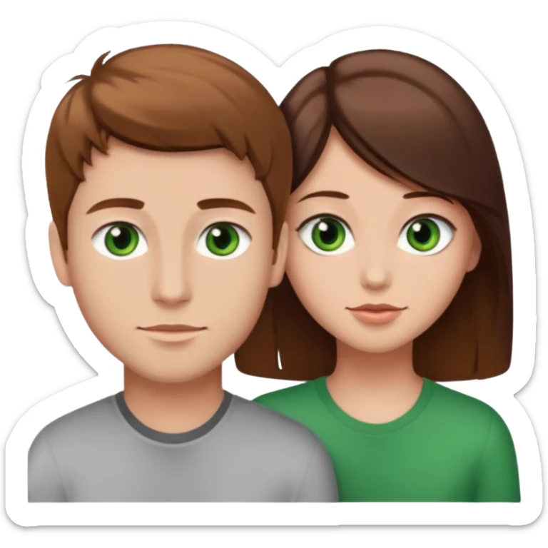 A boyfriend with light brown hair and green eyes next to his girlfriend with dark brown hair and brown eyes sticker