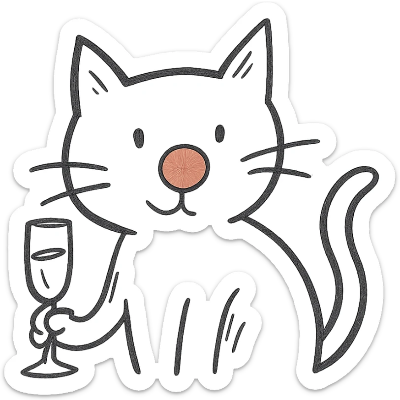 black cat with a red clown nose and a champagne glass, hand-drawn and quirky sticker