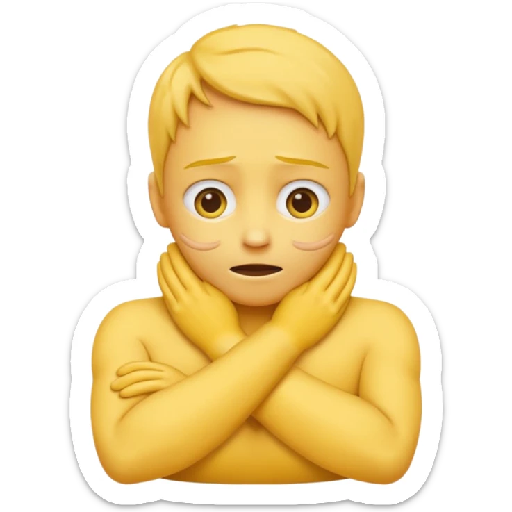 Yellow face emoji strangling itself with 2 arms crossed and hands saround neck and eyes looking up  sticker