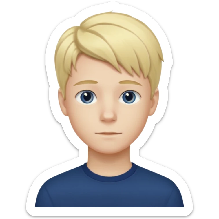 A portrait of a 14-year-old boy, he's got fair blond and yellowish ivy league hair, fair skin and blue eyes. he's wearing a dark blue longsleeve. he's calm. sticker