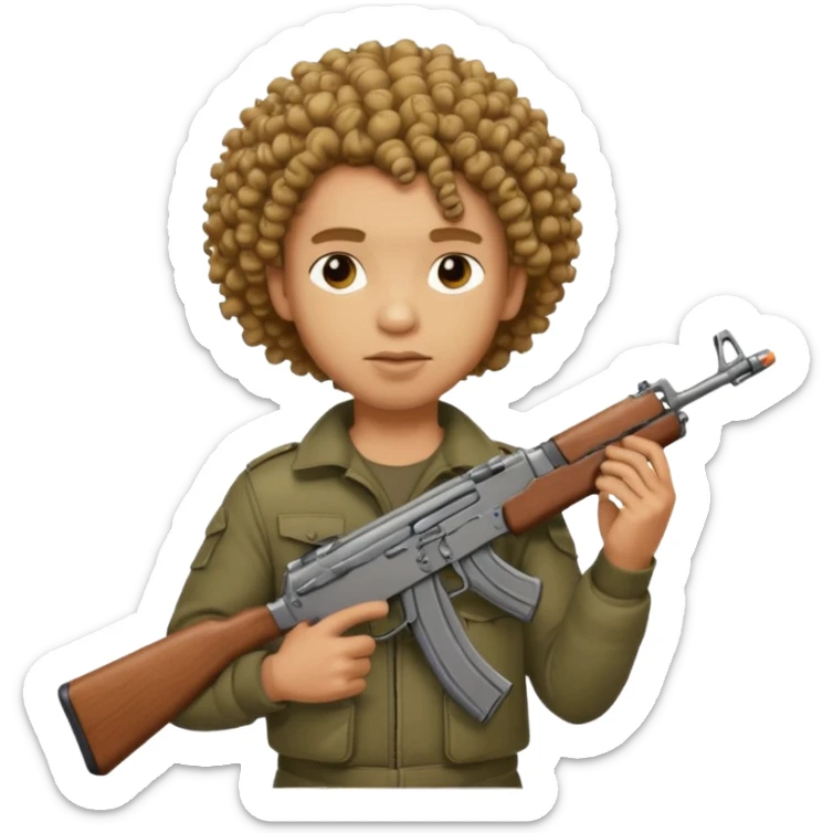 AK47 in hand, light skin male with curly hair and a fade sticker
