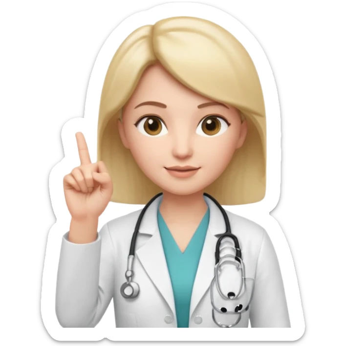 3D memoji style female doctor, white medical coat, stethoscope, raising index finger up like giving important advice, confident facial expression, slight smile, centered, transparent background, sticker