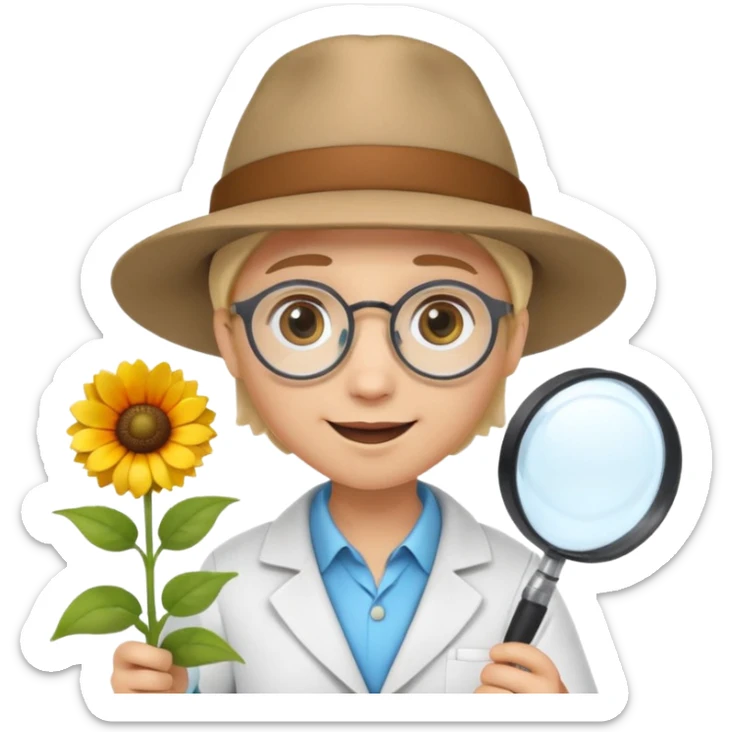 A 3D cartoon scientist wearing a hat and holding a magnifying glass close to bright flowers, curious expression, detailed Memoji-style realism.A 3D cartoon scientist wearing a hat and holding a magnifying glass close to bright flowers, curious expression, warm daylight. sticker