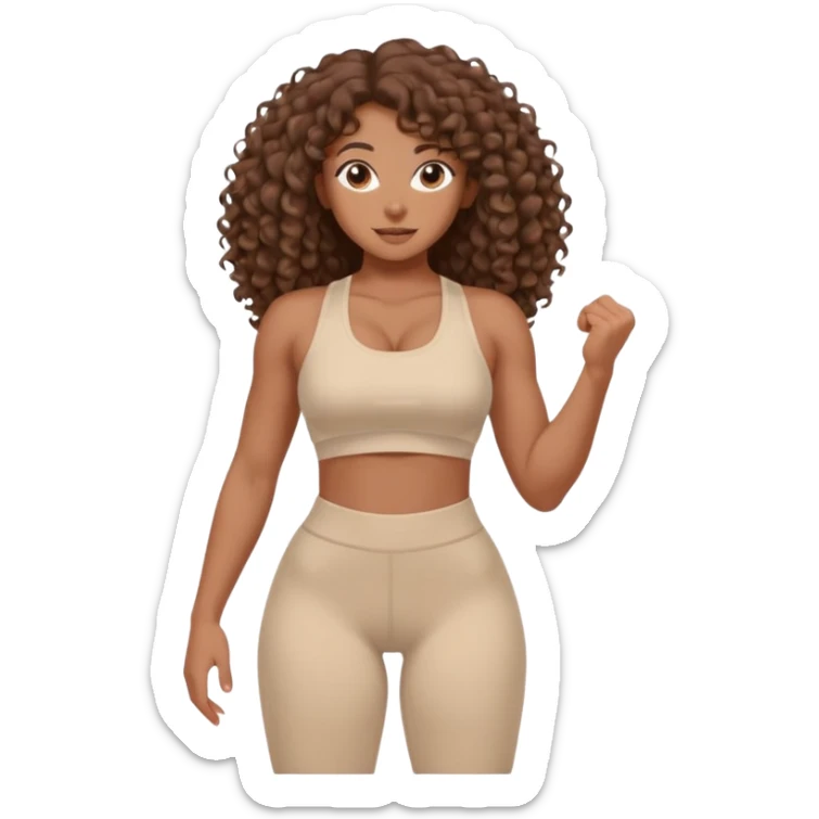 Create dream body girl with big glute and small waist and brown curly long hair with pastel beige gym clothes  sticker