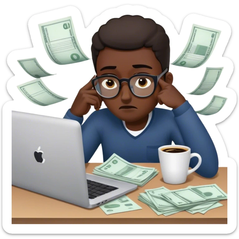 Create an emoji of a tired entrepreneur sitting at a laptop, surrounded by floating invoices and bills. The character looks exhausted, with dark circles under their eyes and a coffee cup in hand, symbolizing constant financial stress." sticker