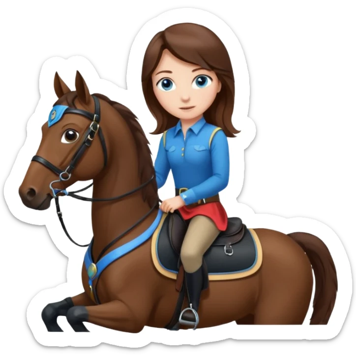 A brown hair, blue eyes girl riding a bay horse with black saddle and bridle sticker