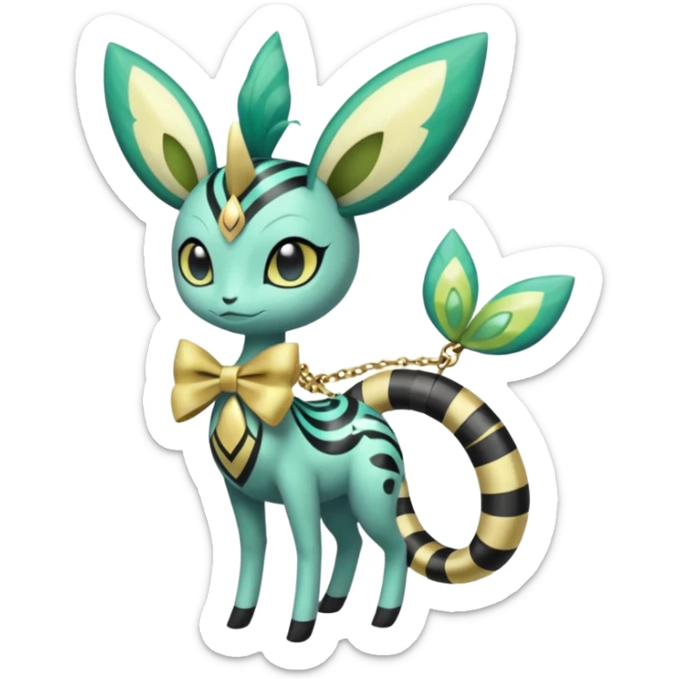 zig-zag-patterned tribal tropical hot spotted striped Meloetta-Celebi-Giratina-Noibat-Pokémon-Fakémon-fusion-hybrid-creature with a bow tie, bracelets, collars, necklaces  sticker