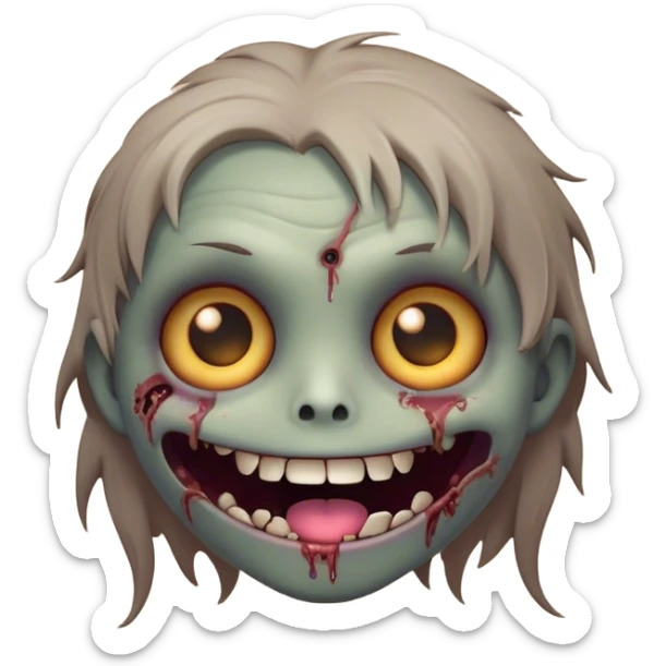 Cinematic Cute Zombie Portrait Emoji, with a delightfully quirky, slightly disheveled face in muted ashen hues, featuring quirky bright eyes and a playful, stitched-together smile, simplified yet irresistibly charming, highly detailed with a soft glowing outline that captures the adorable, offbeat spirit of a zombie who’s more cute than creepy! sticker