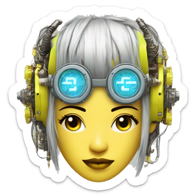 Neon yellow bobbed hair Asian female cyborg head with silver steampunk goggles and circuits sticker
