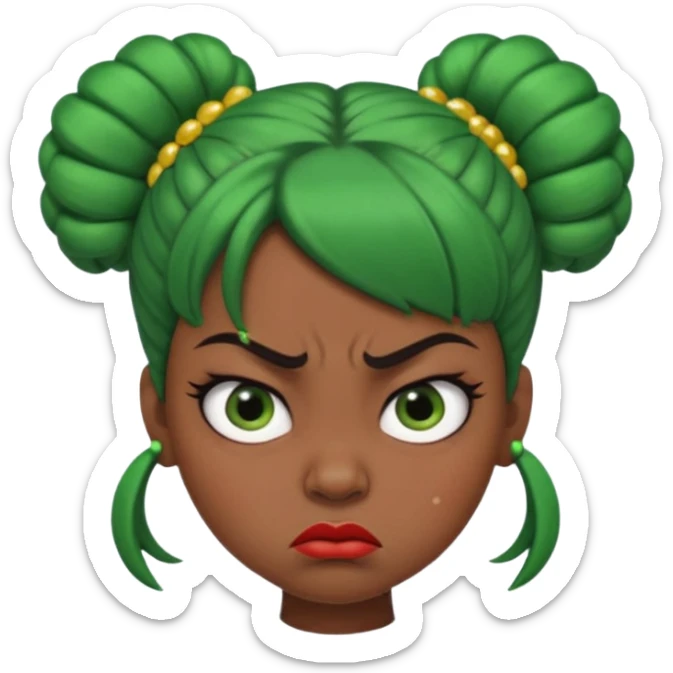 Create a 3D cartoon-style girl character with dark skin, round face, angry expression, big wide eyes, and tightly styled double buns made of green beaded hair. The girl should look irritated, eyebrows sharply angled, and lips pressed in a frown. sticker