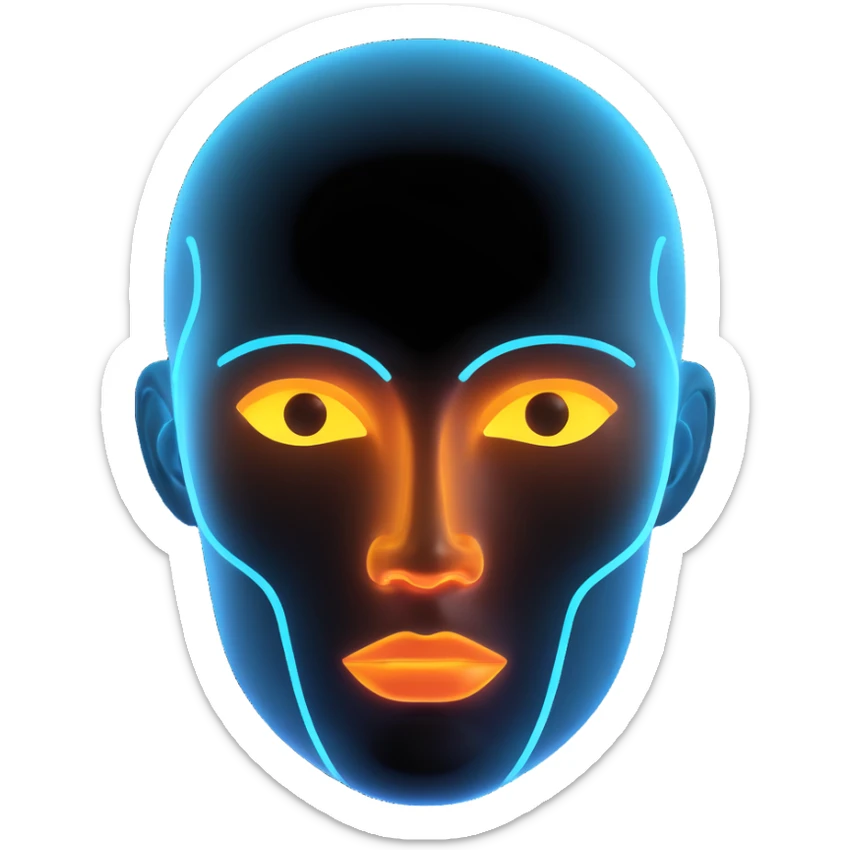 Minimalist futuristic AI avatar — clean glowing outline of a humanoid face, half-abstract with light reflections. sticker