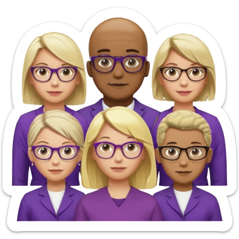 FIVE person team; 2 men and 3 women.  All dressed in yellow or purple.  
1 caucasian woman with blonde mid length hair
1 caucasian woman has ash blonde hair tied up.  
1 man is African-american and bald
1 man is caucasian and very little hair left.  
All have glasses sticker