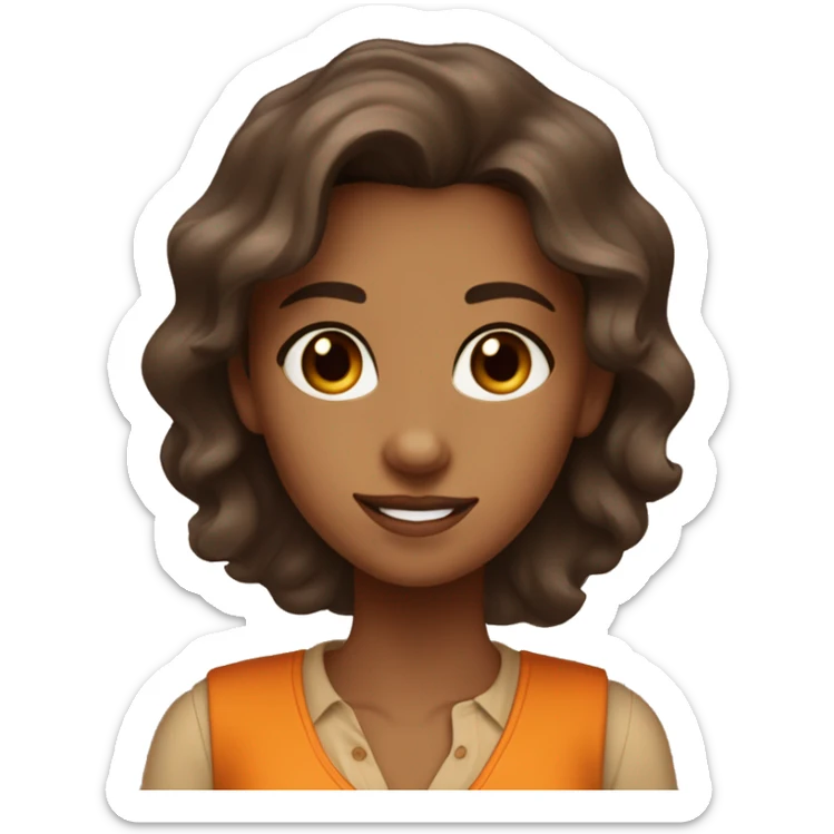 a charming tanned woman wavy chocolate hair, caramel eyes, beige shirt, orange vest sticker