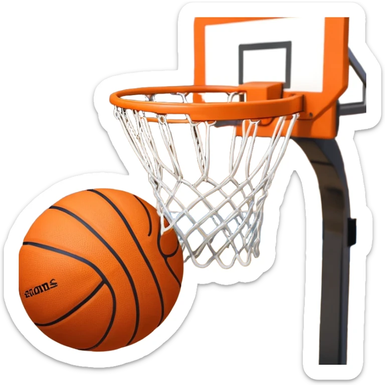 A close-up shot of a basketball entering the hoop, with the ball swishing through and inside  the basket. The background features a blurred basketball court, emphasizing the perfect shot and the excitement of the game. sticker