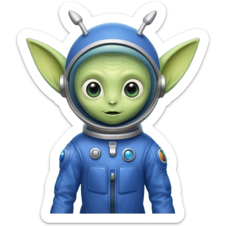 Small green alien with 3 eyes and one skin colored antenna on top of his head and pointy ears wearing a blue space suit  sticker