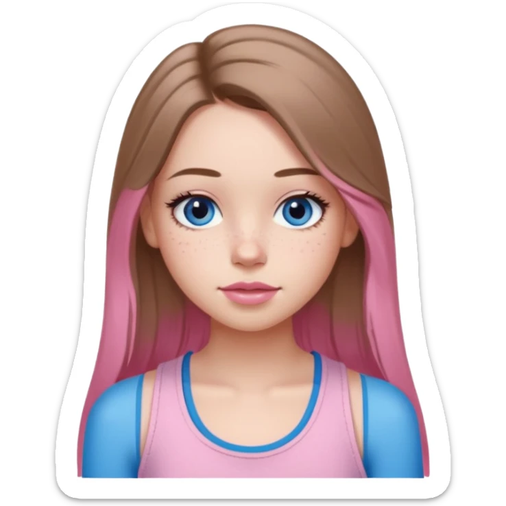 Create a TEENAGE girl with LONG and straight light brunette hair with a middle part, light skin, light freckles, and blue-gray eyes. She will have pink lips and LONG eyelashes. She will be wearing a light pink tank top sticker