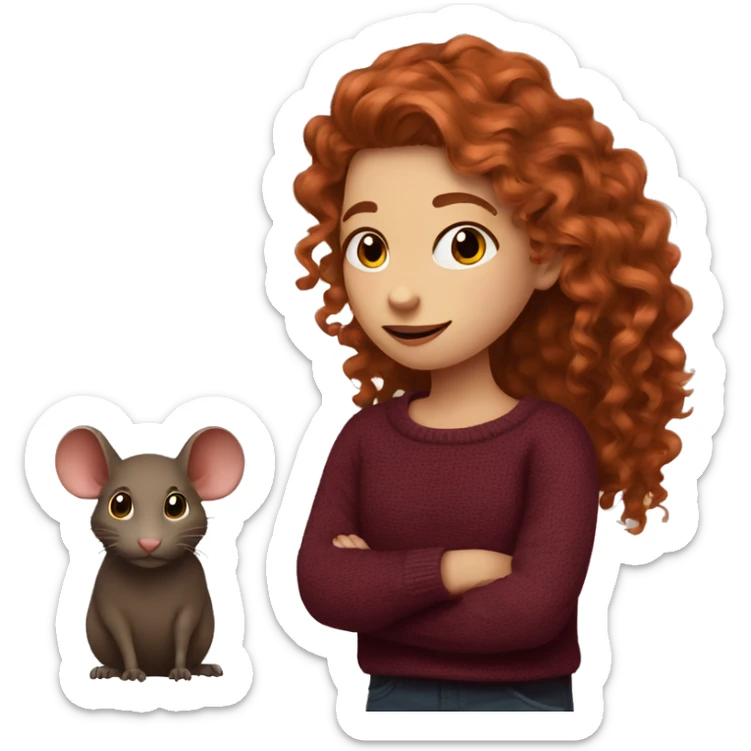 red-haired girl with long hair and curls in a burgundy sweater and a rat on her shoulder sticker