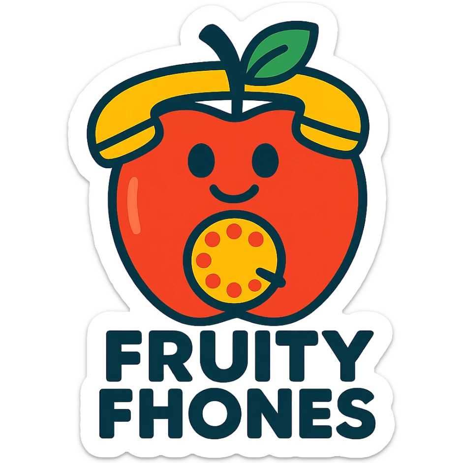 Fruity Fhones logo, a phone shaped as an apple, cheerful and simple, for a children's starter phone brand sticker