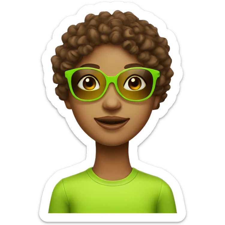 girl with curly brown hair wearing sunglasses and a bright lime green hat sticker