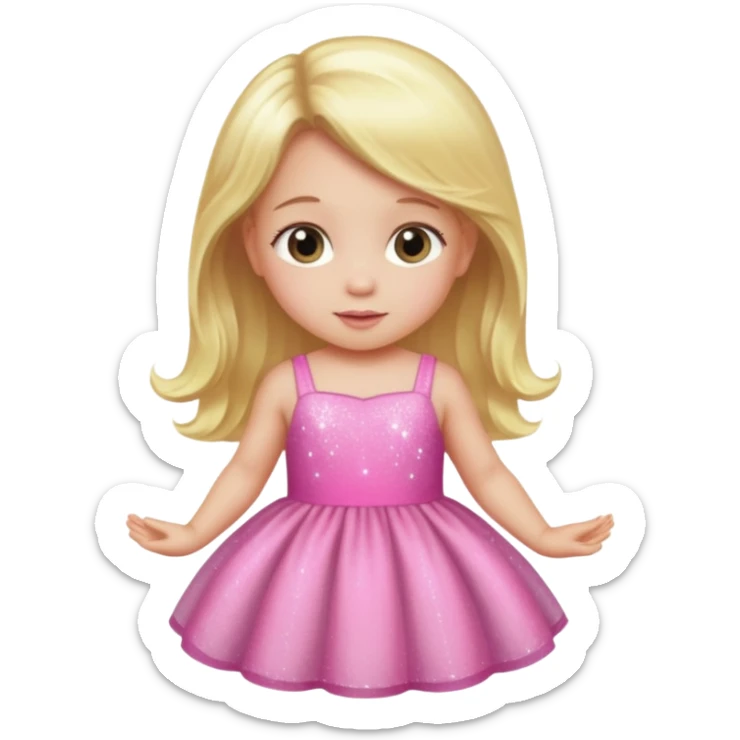 A baby with a pink sparkling dress and blonde hair and black hair and long hair sticker