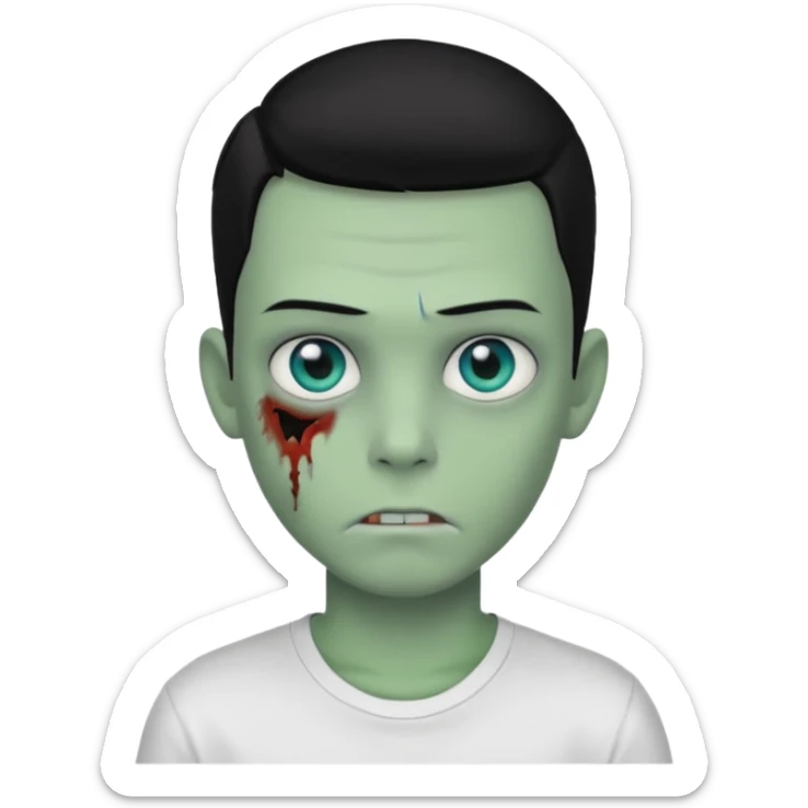 boy zombie with blue eyes and slick back middle part black hair green skin and white t shirt sticker