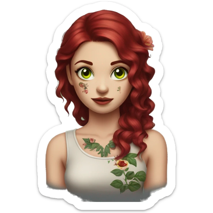 girl with dark red hair and flowers tattoo shoulder, green eyes sticker
