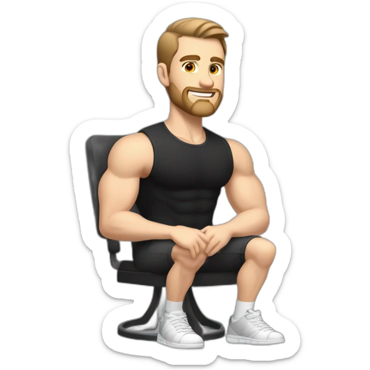 Pale skinned Fit Man With the biceps and dark brown hair in black shirt, gray sports shorts and white Sneakers Sitting on a chair sticker