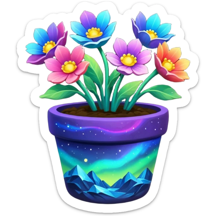 aurora borealis Painted flower clay pot of aurora borealis Petalled Flowers sticker