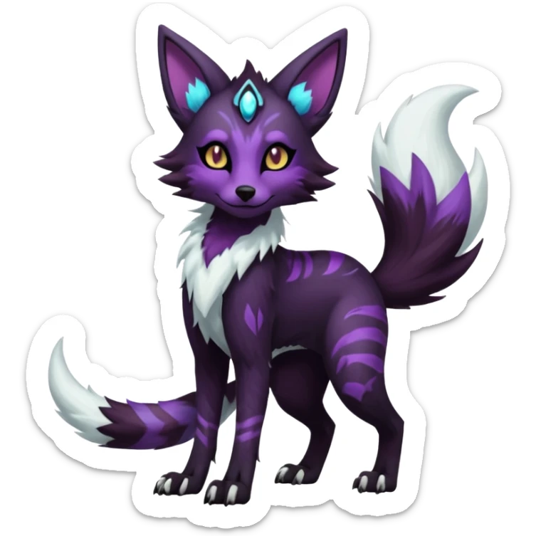 Kawaii dark black purplish blackish edgy fantasy ethereal feline-vernid-sergal-monster-furret-Lycanroc-umbreon-fursona animal creature full body with intricate markings  sticker