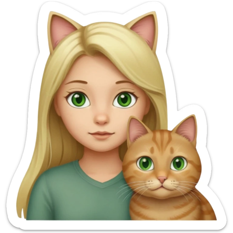 blonde girl with long blonde hair with tabby brown cat with green eyes and chubby gray cat with big green eyes sticker