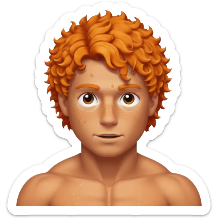 A shirtless muscular White man, with curly Orange short hair, táper Fade cut And FreCles on the face sticker