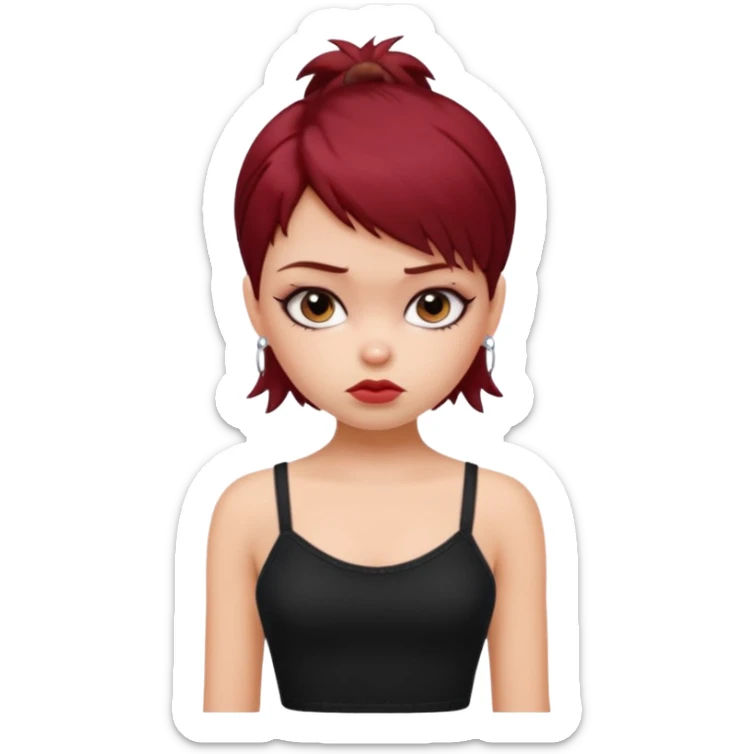 generate a pretty fair bratz girl with short dark red hair looking sad . Wearing a black cami sticker